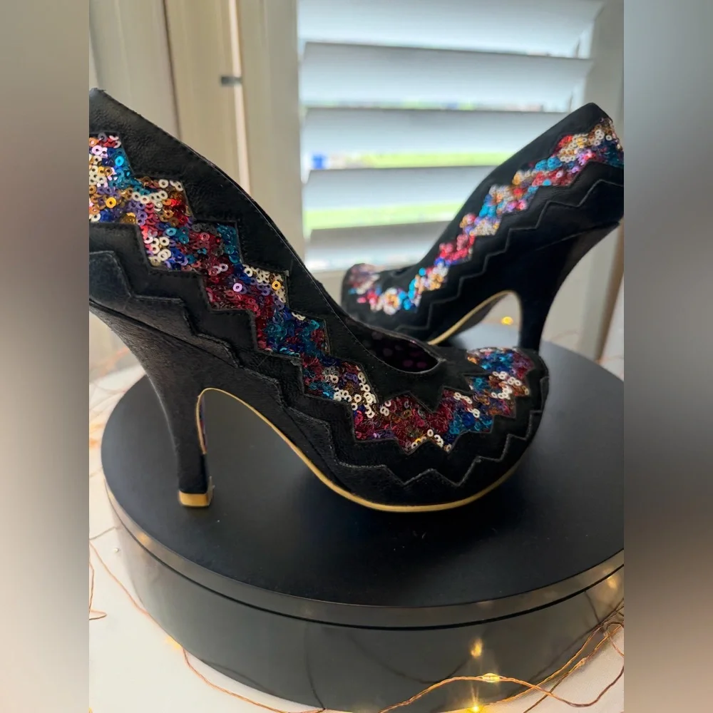 Poetic License by Irregular Choice Women's Black Sequin Zigzag High Heels, 39/8 - Picture 8 of 14